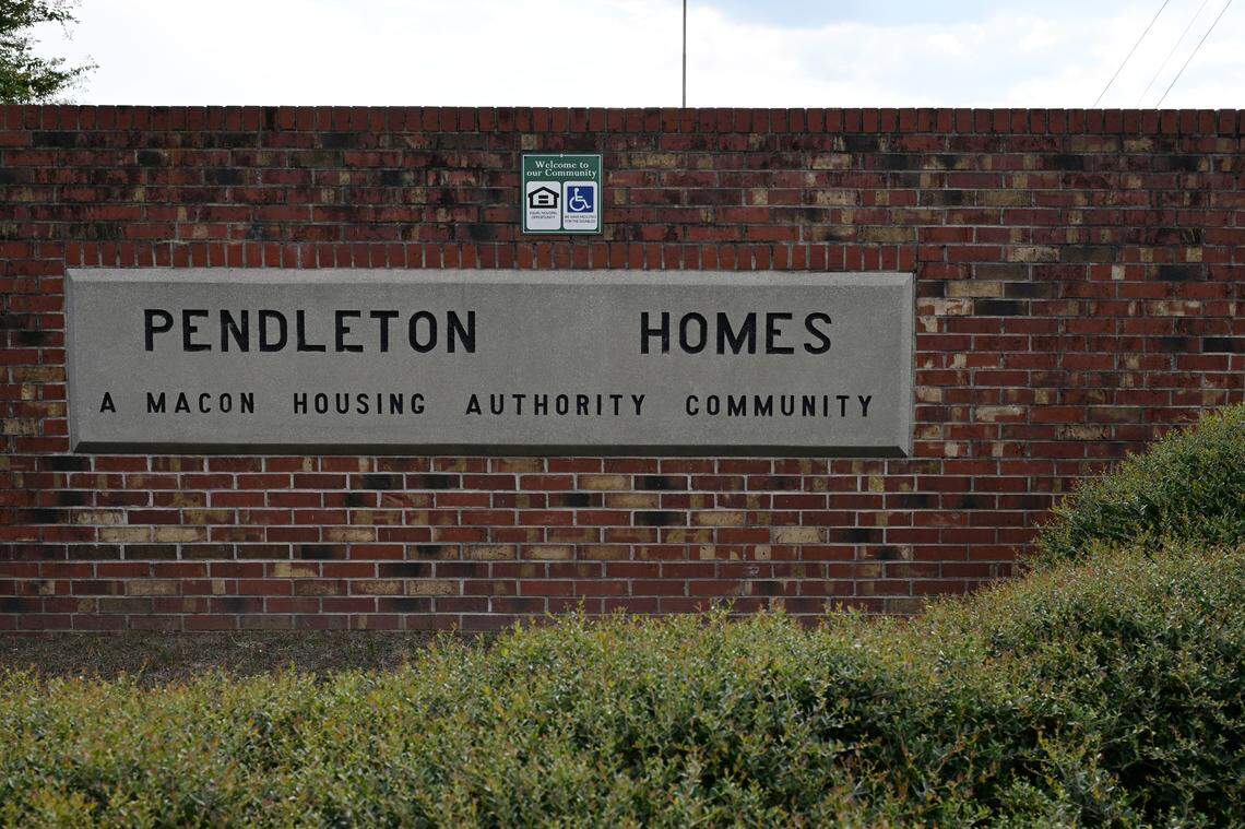 Pendleton Homes sign at Macon Housing Authority complex on Houston Avenue, site of recent South Macon shooting investigation.