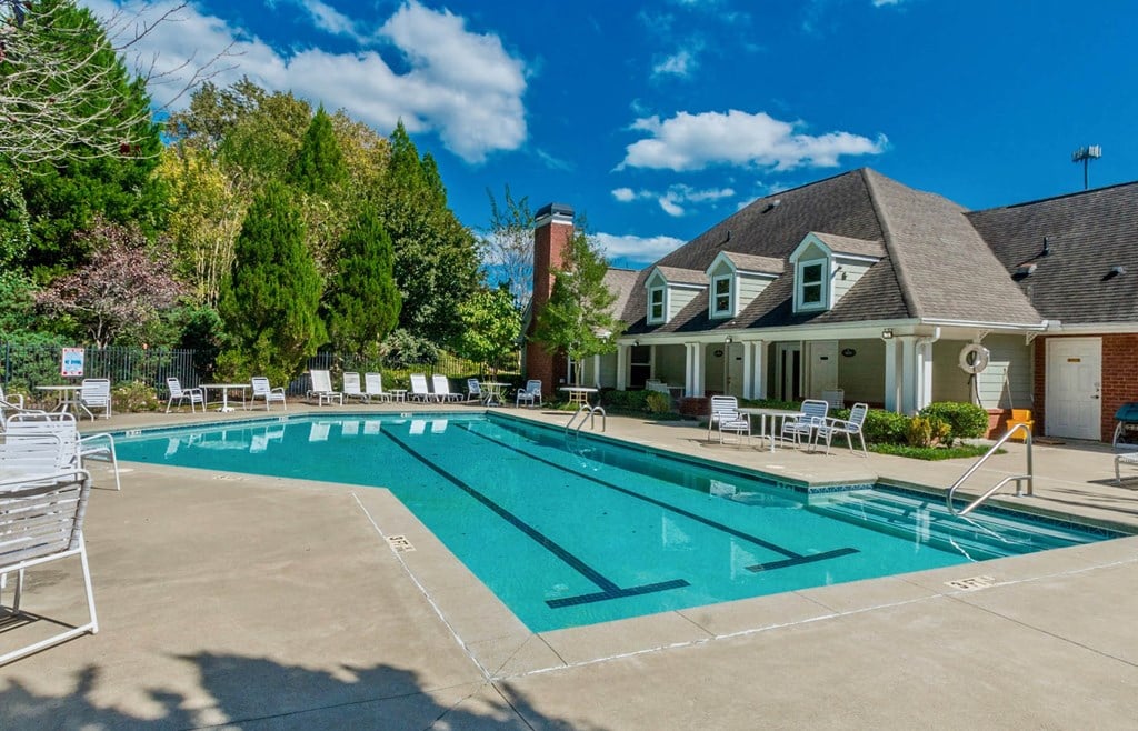 Riverstock Apartments community center and swimming pool in Woodstock, Georgia, following a deadly apartment complex shooting.
