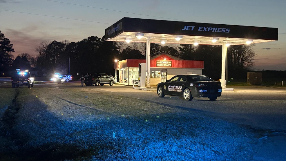 Exterior view of Roper Food Mart gas station on N.C. Highway 32 North in Roper, North Carolina, where a shooting incident occurred.