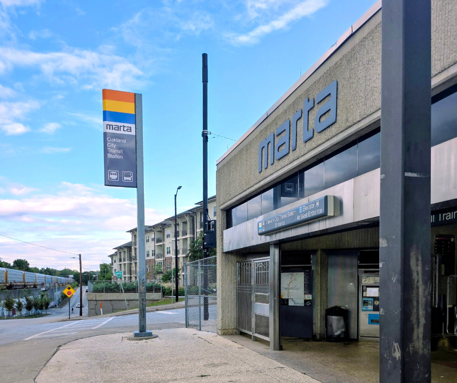 Exterior view of the Oakland City MARTA Transit Station entrance in Atlanta, Georgia, where a fatal train stabbing raised critical negligent security and premises liability questions.